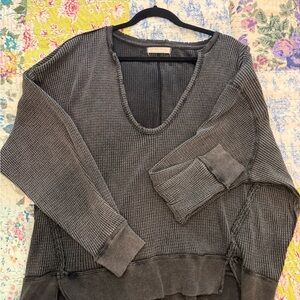 We The Free Washed Charcoal V-Neck Waffle Knit Thermal